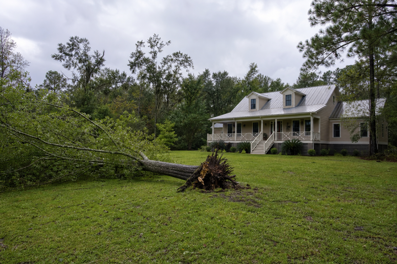 Original illustrative image of a fallen tree visible in the yard of a second home after a storm